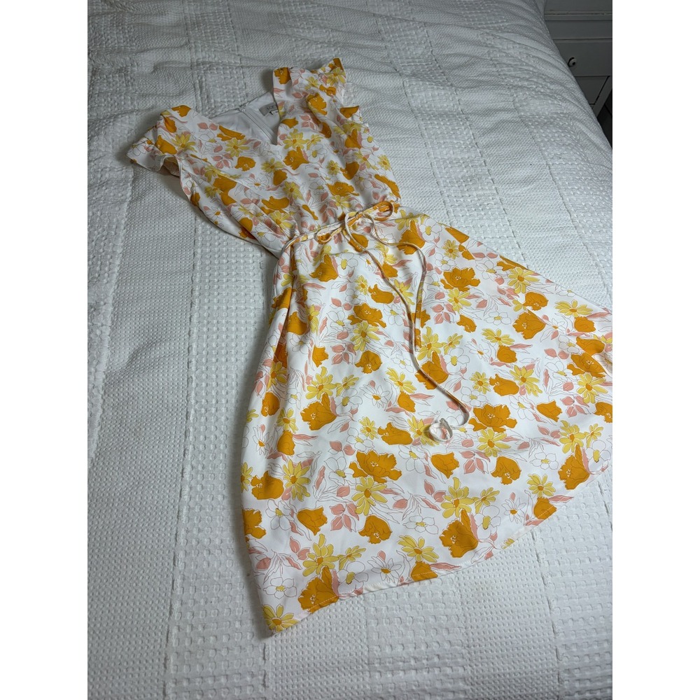 LOFT Outlet Yellow Orange Floral V-Neck Belted Flutter Sleeve Dress Size M